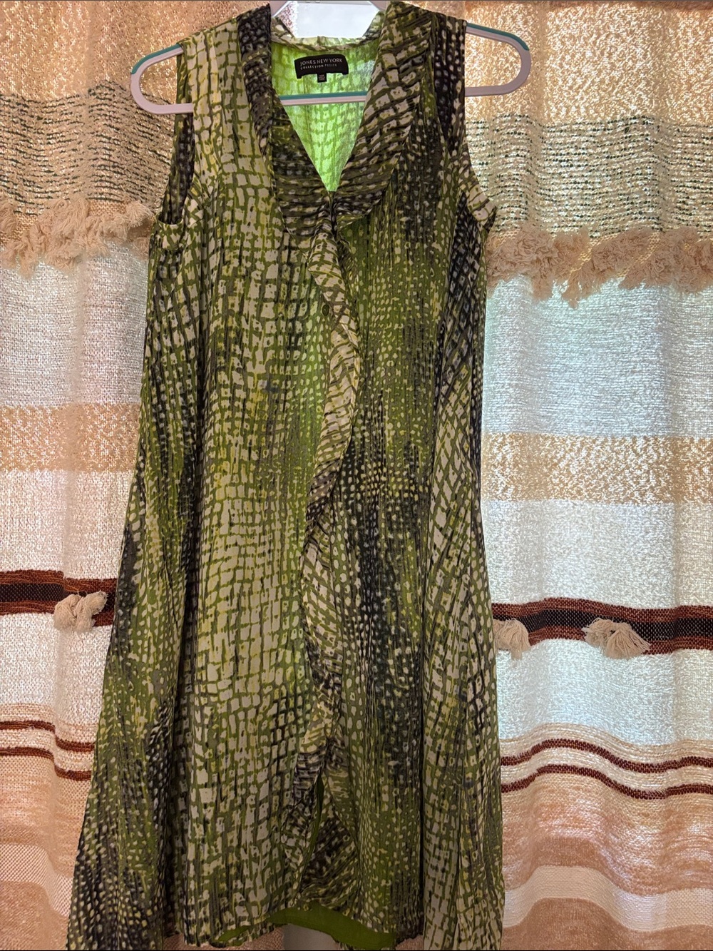 Jones New York Olive and Black Abstract Ruffle Sleeveless Dress